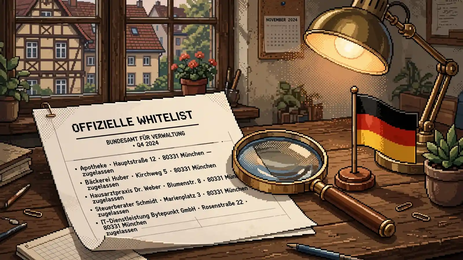 Ausgedruckte Whitelist mit Lupe und kleiner Deutschlandfahne auf einem Schreibtisch