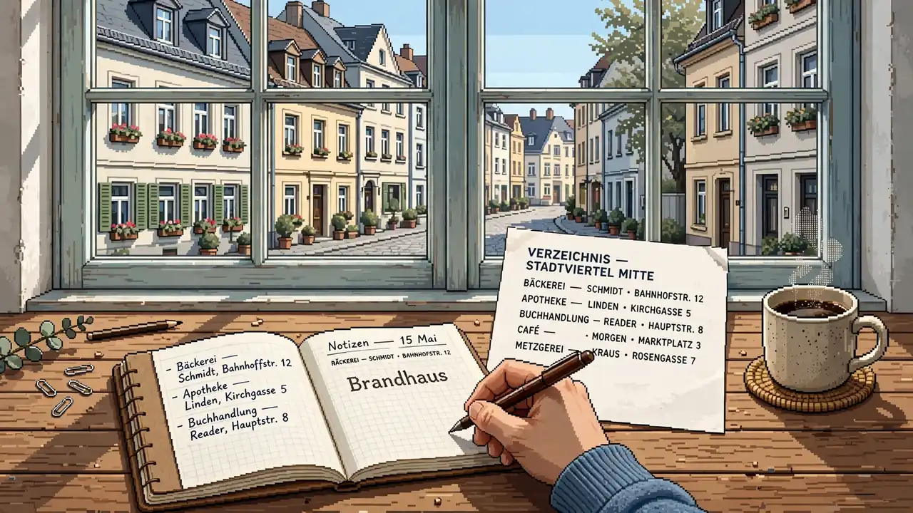 Offenes Notizbuch mit notiertem Markennamen neben einem Verzeichnis auf dem Schreibtisch